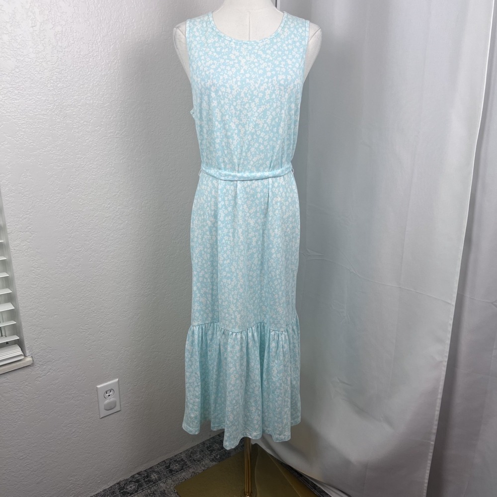 J Crew Midi Dress Womens Medium Blue Floral Tie‎ Waist 100% Cotton Boho Resort